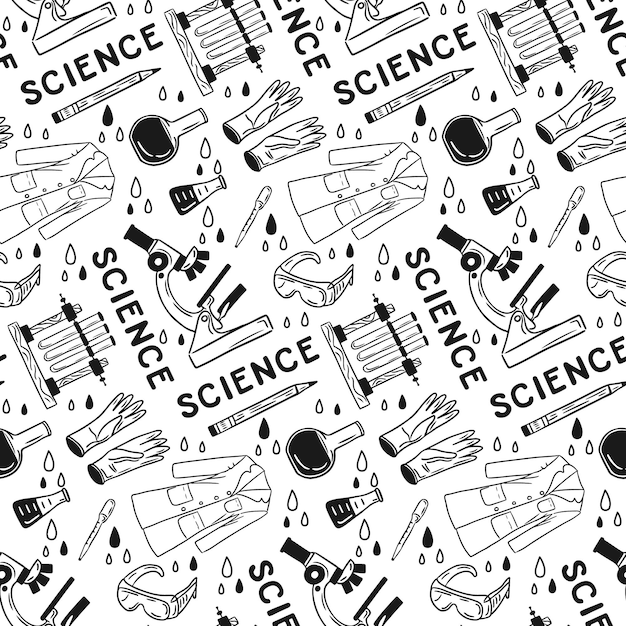 Modello scientifico piatto doodle vettoriale in bianco e nero schizzo semplice disegnato a mano dal design senza giunture