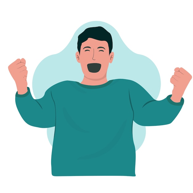 Flat vector excited cheerful man raising fist hands celebrating success victory winner happy