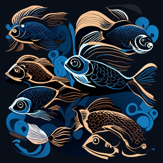 Vector flat vector exotic fish oceanic iconic illustrations