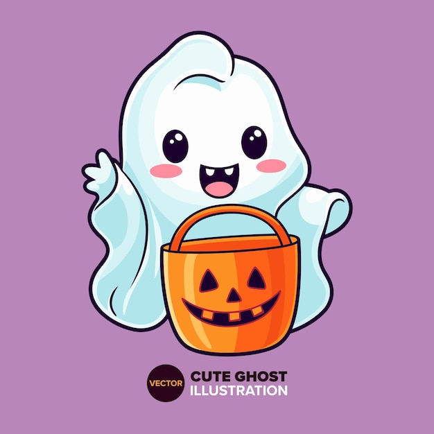 Вектор Плоская векторная фантазия симпатичный призрак, обнимающий корзину конфет и тыквенную карикатурную иллюстрацию