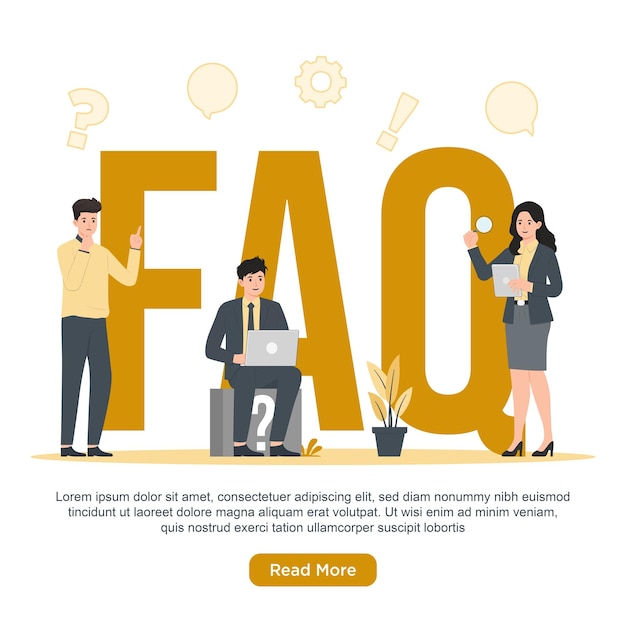 Плоский вектор FAQ FAQ концепция иллюстрация часто задаваемые вопросы Мужчина и женщина с ноутбуком