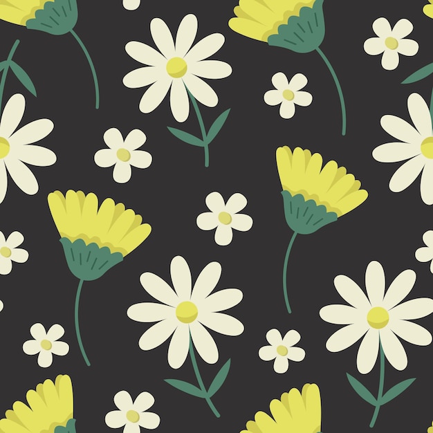 Flat vector floral seamless pattern with flowers on dark background Summer blossom daisy background