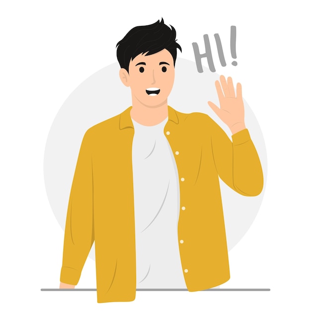 Flat vector friendly smiling man waving hand saying hello hi hola