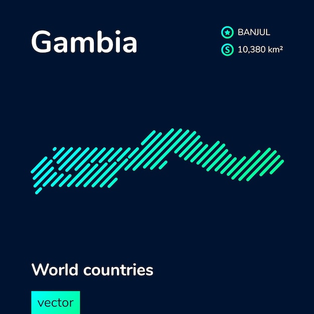 Плоская векторная карта гамбии бирюзового цвета на темно-синем фоне. стилизованная иконка карты гамбии.