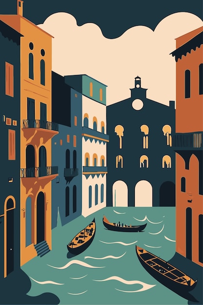 Vector flat vector gondola venice grand canal italy city attraction background