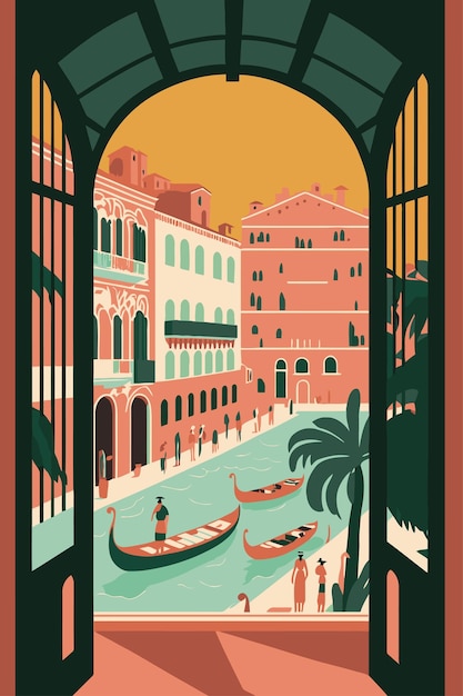 Flat vector gondola venice grand canal italy city attraction background