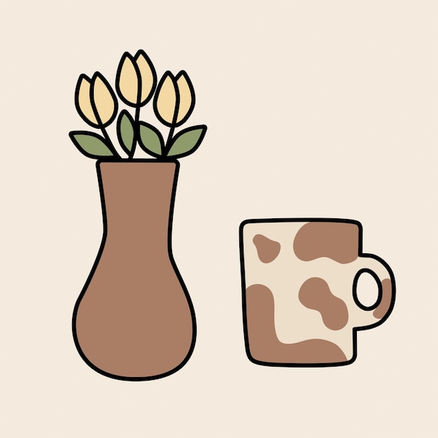 Vettore illustrazione del disegno a mano vettoriale piatto vaso di tulipani e tazza da caffè con stampa mucca