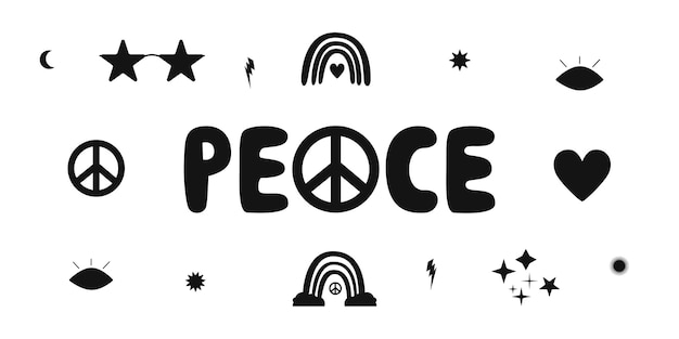 Vector flat vector hippy boho illustration hand drawn retro groovy elements and peace lettering