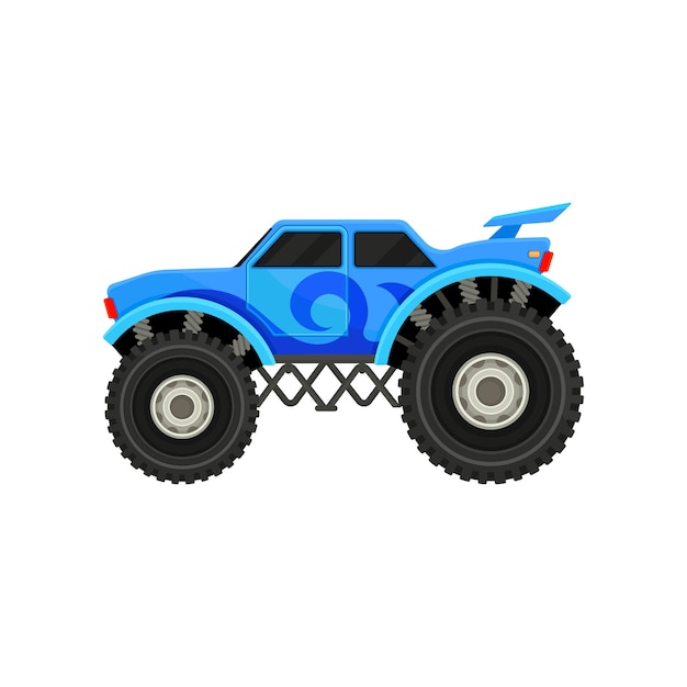 Flat vector icon of big monster truck Blue car with large tires spoiler and black tinted windows Automobile theme