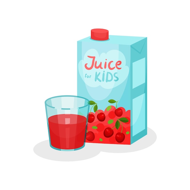 Flat vector icon of cardboard pack and glass of tasty cherry juice Delicious and sweet beverage for kids Natural drink for children