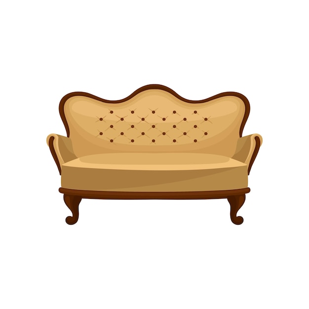 Flat vector icon of classic vintage couch Wooden sofa with beige trim Interior object Luxury antique furniture for living room