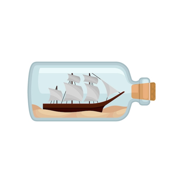 Flat vector icon of glass bottle with sand and wooden ship inside Sea theme Miniature model of sailing vessel