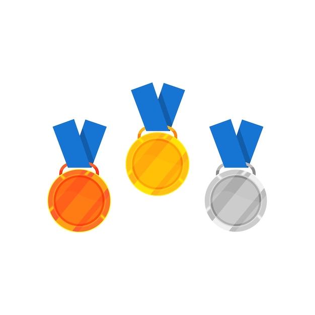 競争の勝利のシンボルの勝者のための青いリボン光沢のある賞とゴールド シルバーとブロンズ メダルのフラット ベクトル アイコン