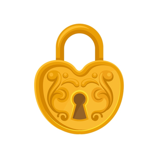 Flat vector icon of heartshaped padlock Golden lock with ornamental engraving Design for advertising poster or mobile app