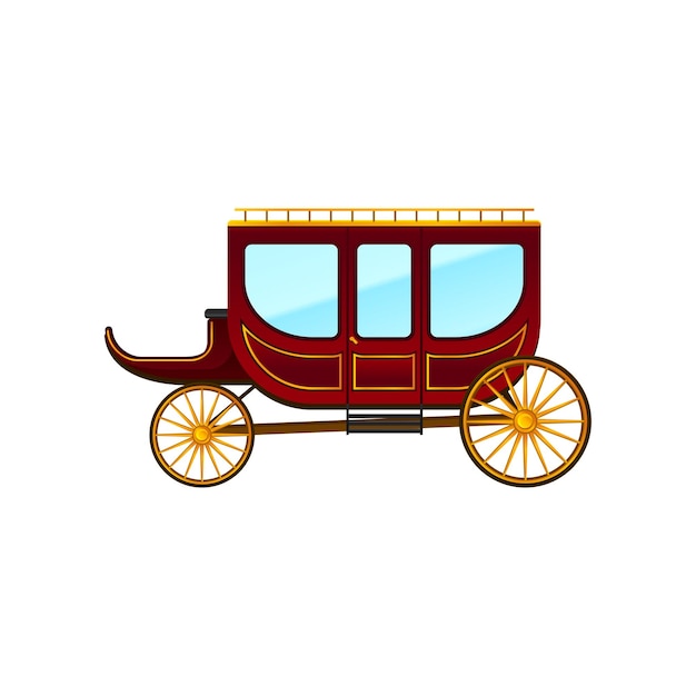 Vector flat vector icon of horsedrawn carriage with large red cab and wheels vintage wagon with door and windows antique vehicle for passengers