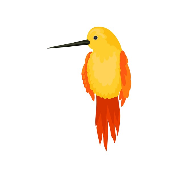 美しいハチドリのフラットのベクトルのアイコン 細長いくちばしのオレンジ色の翼と尾を持つ黄色のコリブリ鳥 野生動物と動物のテーマ