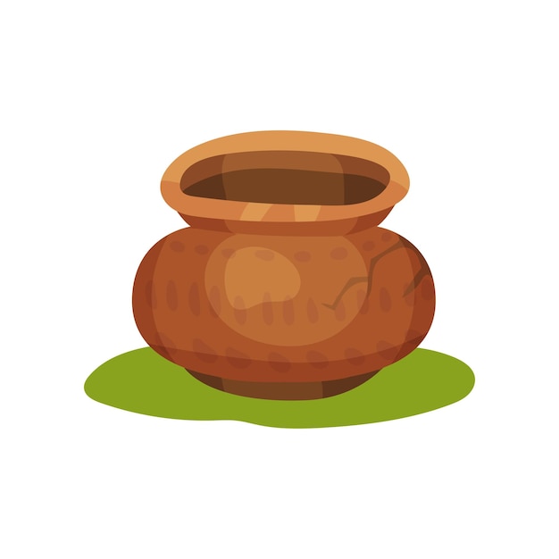 Вектор Плоская векторная икона старого гончарного кувшина на зеленой траве глиняный горшок с орнаментом и трещиной керамическая посуда тема каменного века