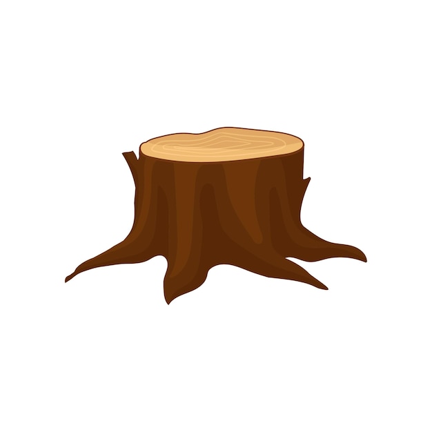 Flat vector icon of old brown tree stump with annual growth rings and big roots Natural forest element