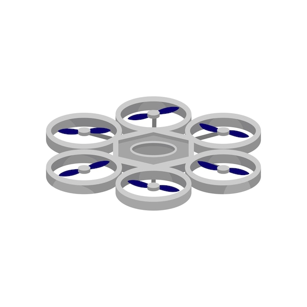 Flat vector icon of remote controlled drone with six blue blades Modern technology