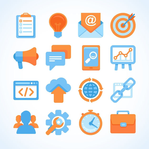 Flat vector icon set of seo symbols