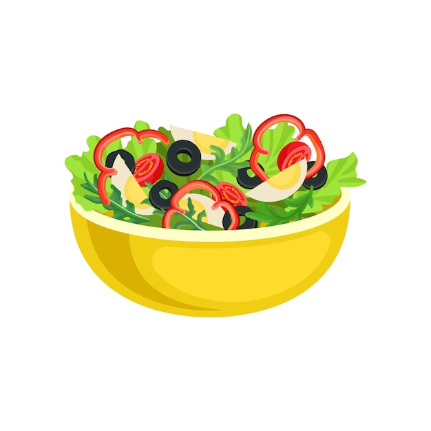 Flat vector icon of yellow bowl with tasty salad Appetizing dish from boiled eggs and fresh vegetables Element for menu or poster