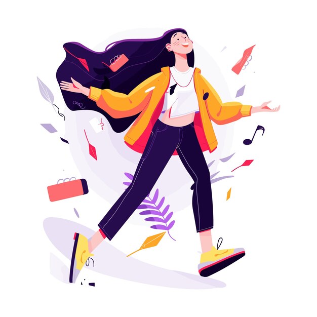 Flat vector illustartion of a gen z girl walking to abstract entertainment elements concept