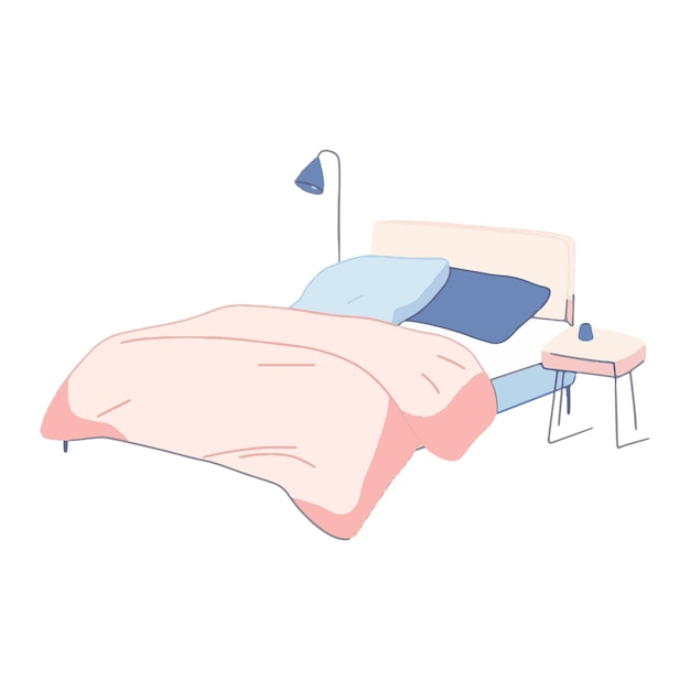 flat vector illustration of a bed with pink and blue sheets a nightstand and a lamp on a white background
