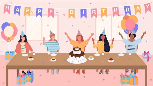 Flat vector illustration of birthday party kids celebrating birthday with cake at home