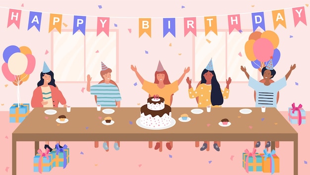 Vector flat vector illustration of birthday party kids celebrating birthday with cake at home