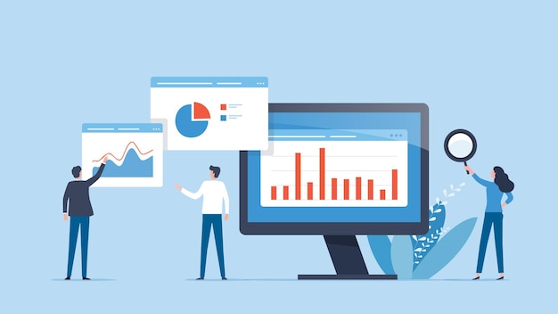 Analisi e monitoraggio del team aziendale di illustrazione vettoriale piatta sul monitor del dashboard dei report web