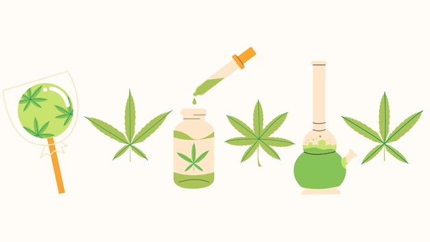 Illustrazione vettoriale piatta cannabis droga erba set di olio canapa lecca-lecca