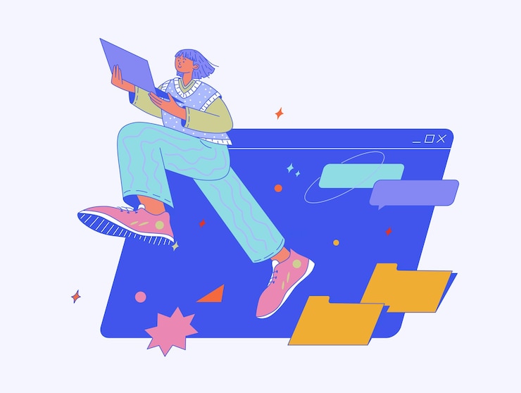 Vector flat vector illustration of a character running with a laptop