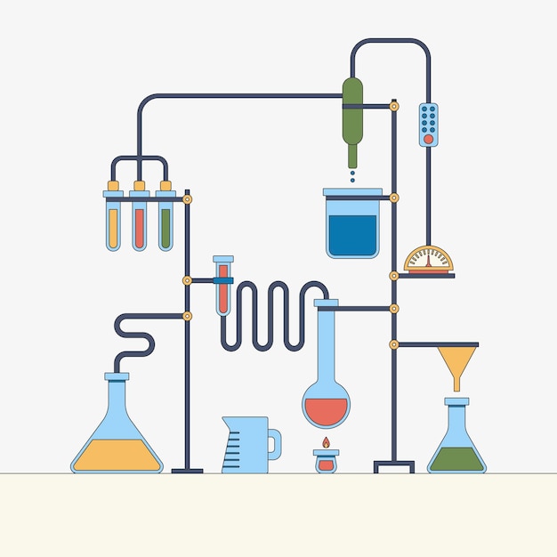 Vector flat vector illustration of chemistry laboratory colorful instruments set equipment for experiment