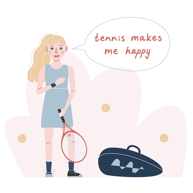 Flat vector illustration in childish style Hand drawn tennis player girl Tennis makes me happy