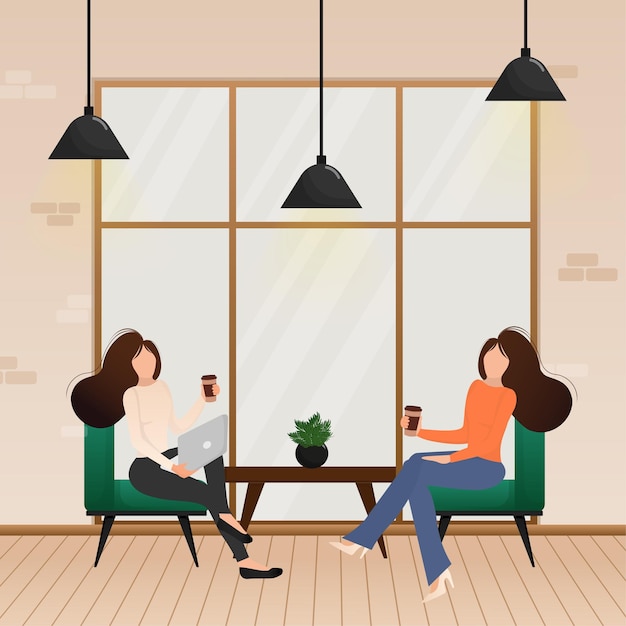 Flat vector illustration cozy room interior interior design cartoon people vector illustration