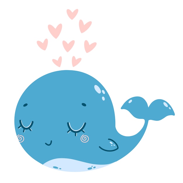 Flat vector illustration of a cute cartoon blue whale with a fountain of pink hearts.