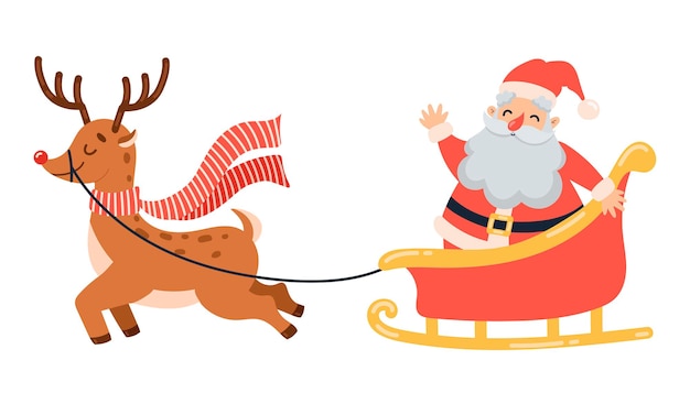 Flat vector illustration of cute cartoon santa claus in sleigh with christmas reindeer