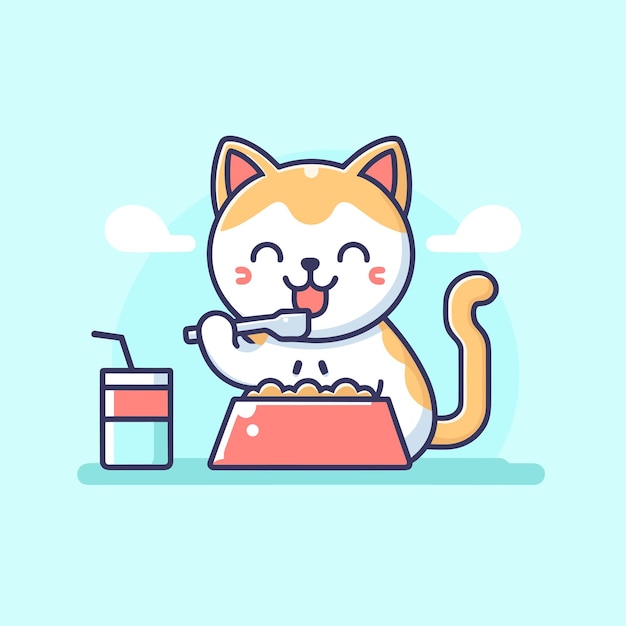 Vector flat vector illustration of a cute cat eating food