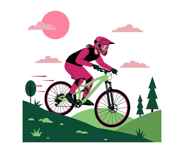 flat vector illustration of a cyclist riding a green mountain bike downhill