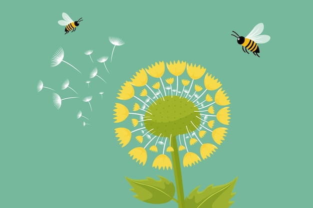 flat vector illustration of dandelion and bees