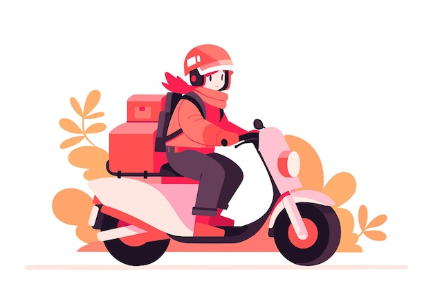 Flat vector illustration of a delivery girl person with packages on a scooter Urban fast delivery service Flat vector illustration