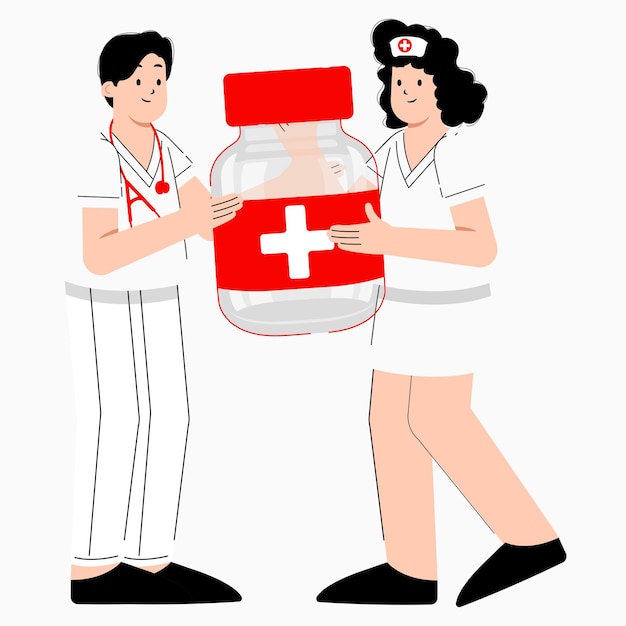 Vettore piatto vettoriale illustrazione di un medico e un'infermiera con in mano una bottiglia di medicinale i farmaci gratuiti mi liberano
