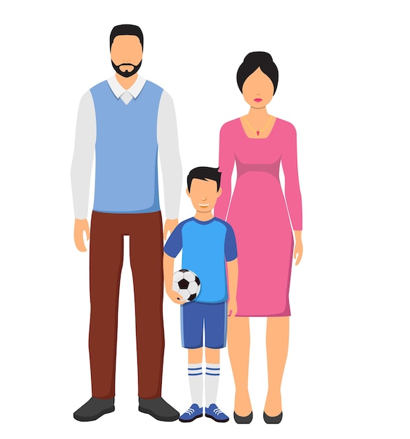 Vector flat vector illustration of family portrait father mother and son holding football in hand