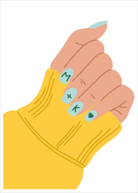 Flat vector illustration of a female hand with a manicure in a sweater Fun design manicure