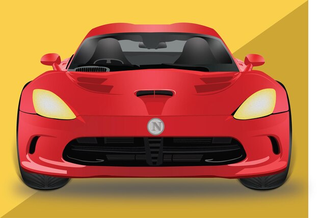 Flat vector illustration of front view of red color sports car on yellow color background