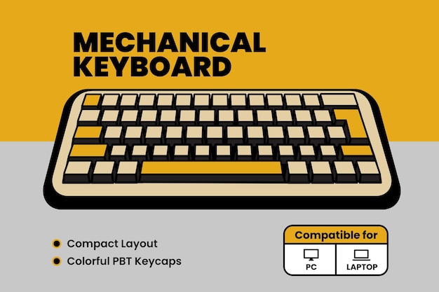 flat vector illustration of key mechanical keyboard with compact layout for pc