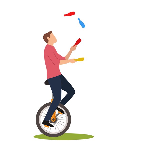 Flat vector illustration of man riding and doing juggling act on unicycle