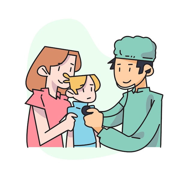 Vector flat vector illustration mother checking her child to the doctor doctor using a stethoscope examining the heart