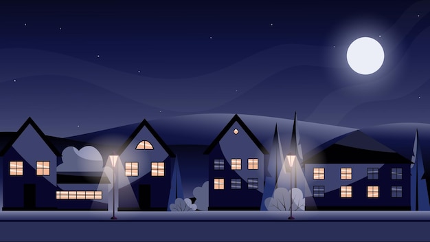 flat vector illustration of night city light lanterns city at night light is on in the window