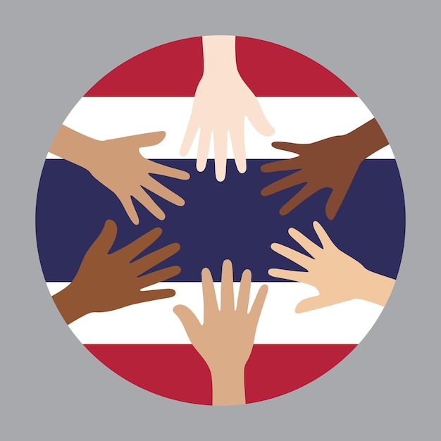 Flat vector illustration of people raising their hands on Thailand flag background Unity concept